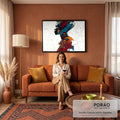 Quadro Decorativo Grande Mulher Africana para Sala Vermelho | quadros decorativos para sala de estar | perfil de mulher africana em colagem digital com cores vermelho, azul e circuitos eletrônicos | em ambiente 3 | Porao dos Quadros