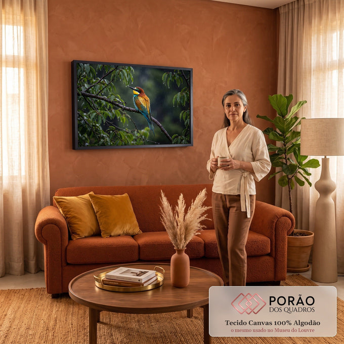 Pássaro abelharuco colorido pousado em galho molhado sob a chuva, entre folhas verdes, quadro decorativo