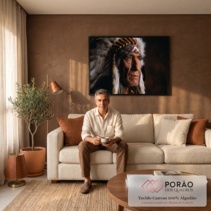 Quadro Decorativo Grande Retrato de Chefe Marrom para Sala | quadros decorativos para sala de estar | retrato de homem idoso indígena com cocar de penas brancas e faixa de contas | em ambiente 3 | Porao dos Quadros