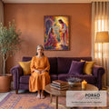 Quadro Decorativo Grande Jesus Abençoando para Sala Laranja | quadros decorativos para sala de estar | Jesus abençoando mulher ajoelhada em jardim colorido com luz dourada ao fundo | em ambiente 3 | Porao dos Quadros
