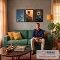 Quadro Decorativo Kit 3 Telas Girassol para Sala Amarelo | quadros decorativos para sala de estar | girassol amarelo retratado em três cenários, céu azul, praia ao pôr do sol e pedras em preto e branco | em ambiente 3 | Porao dos Quadros
