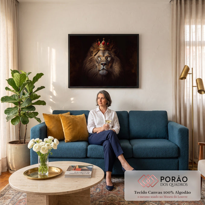Leão majestoso de frente com coroa dourada cravejada de rubis sobre fundo preto, quadro decorativo