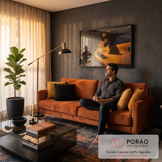 Traseira de carro esportivo laranja com aerofólio preto e lanterna em luz de fim de tarde, quadro decorativo