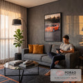 Quadro Decorativo Grande Carro Clássico para Sala | quadros decorativos para sala de estar | carro esportivo laranja rebaixado com aerofólio ao pôr do sol | em ambiente 3 | Porao dos Quadros