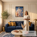 Quadro Decorativo Grande Jesus Cristo Nuvens para Sala Azul | quadros decorativos para sala de estar | nuvens formando a figura de Jesus Cristo sobre mar com veleiro de vela vermelha | em ambiente 3 | Porao dos Quadros