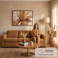 Quadro Decorativo Grande Flor Magnólia para Sala Bege | quadros decorativos para sala de estar | close-up de magnólia em tons de bege e marrom com estames dourados ao centro | em ambiente 3 | Porao dos Quadros