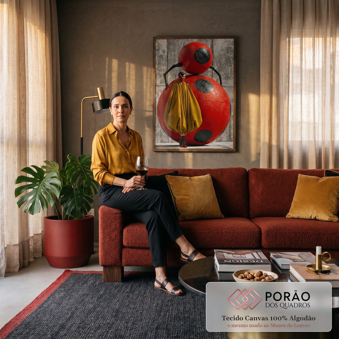Mulher de capa mostarda diante de joaninha vermelha gigante em muro de concreto, quadro decorativo