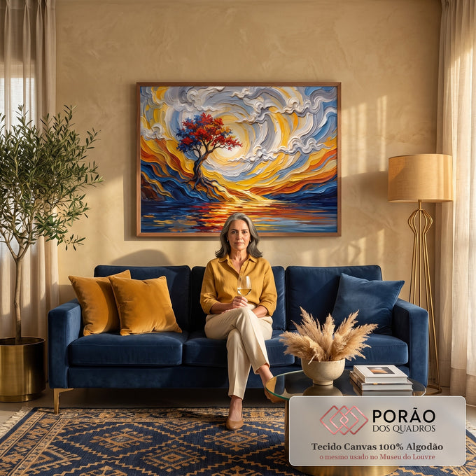Quadro Decorativo Grande Árvore Solitária para Sala Dourado | quadros decorativos para sala de estar | árvore de folhas vermelhas e azuis sob céu dourado em espiral, refletida na água | em ambiente 3 | Porao dos Quadros