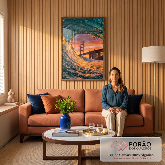 Tubo de onda turquesa emoldurando a ponte Golden Gate sob céu laranja ao pôr do sol, quadro decorativo