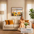 Quadro Decorativo Grande Figura em Túnica para Sala Branco | quadros decorativos para sala de estar | figura de túnica branca de costas em campo florido colorido com colinas ao fundo | em ambiente 3 | Porao dos Quadros