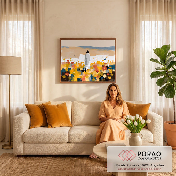Quadro Decorativo Grande Figura em Túnica para Sala Branco | quadros decorativos para sala de estar | figura de túnica branca de costas em campo florido colorido com colinas ao fundo | em ambiente 3 | Porao dos Quadros