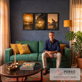 Quadro Decorativo Grande Surf ao Pôr do Sol para Sala | quadros decorativos para sala de estar | surfistas e onda dourada ao pôr do sol em três cenas de praia | em ambiente 3 | Porao dos Quadros