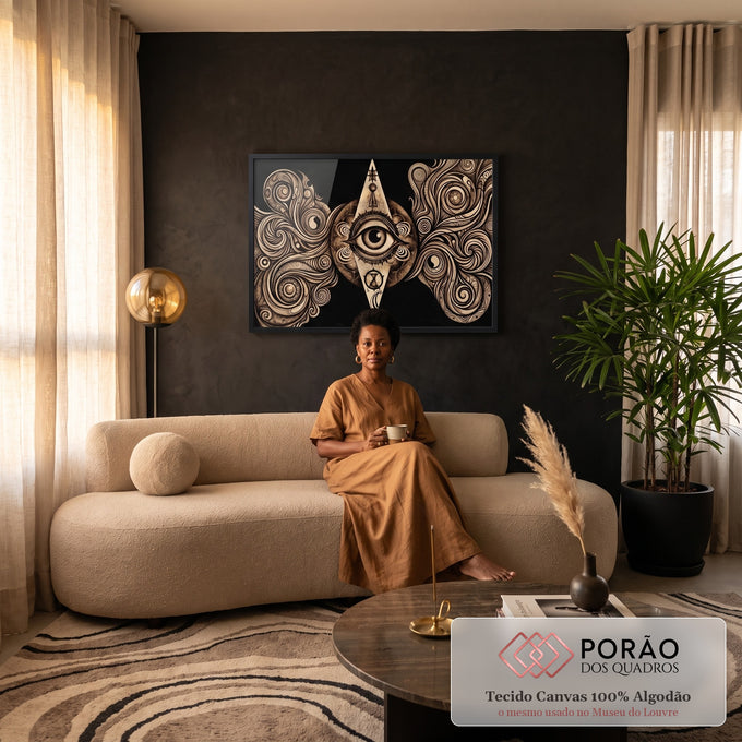 Quadro Decorativo Grande Olho Místico para Sala Preto | quadros decorativos para sala de estar | olho místico central cercado por espirais ornamentais em tons de bege e preto | em ambiente 3 | Porao dos Quadros
