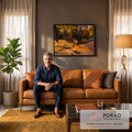 Traseira de Porsche laranja com aerofólio Weissach em parque de outono com folhas douradas, quadro decorativo