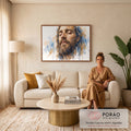 Quadro Decorativo Grande Rosto de Jesus para Sala Azul | quadros decorativos para sala de estar | rosto masculino de olhos fechados com barba longa em aquarela azul e bege | em ambiente 3 | Porao dos Quadros