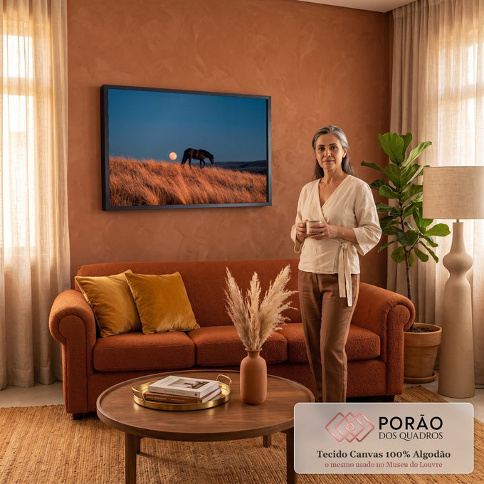 Quadro Decorativo Grande Cavalo Silhueta para Sala Azul | quadros decorativos para sala de estar | cavalo em silhueta caminha sobre campo dourado com lua cheia ao fundo | em ambiente 3 | Porao dos Quadros
