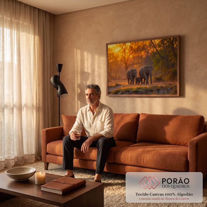 Família de elefantes com filhote caminhando na floresta ao pôr do sol alaranjado, quadro decorativo
