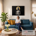 Jesus Cristo abençoando com pergaminho, auréola dourada Alfa e Ômega sobre fundo preto, quadro decorativo