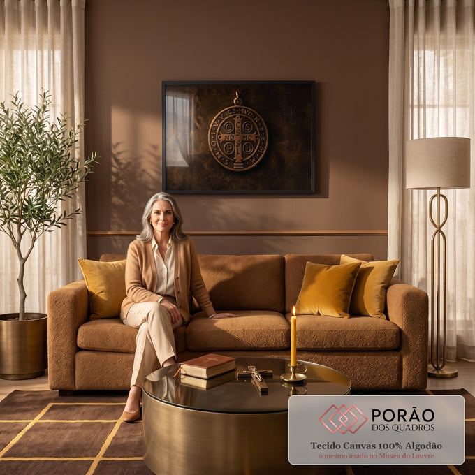 Quadro Decorativo Grande Medalha Cruz para Sala Marrom | quadros decorativos para sala de estar | medalha de bronze da São Bento com cruz e letras latinas sobre couro escuro | em ambiente 3 | Porao dos Quadros