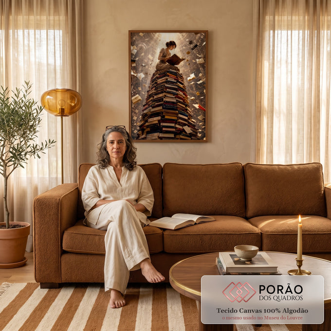 Quadro Decorativo Grande Mulher Lendo Livros para Sala | quadros decorativos para sala de estar | mulher lendo sentada no topo de uma torre de livros com páginas flutuando ao redor | em ambiente 3 | Porao dos Quadros