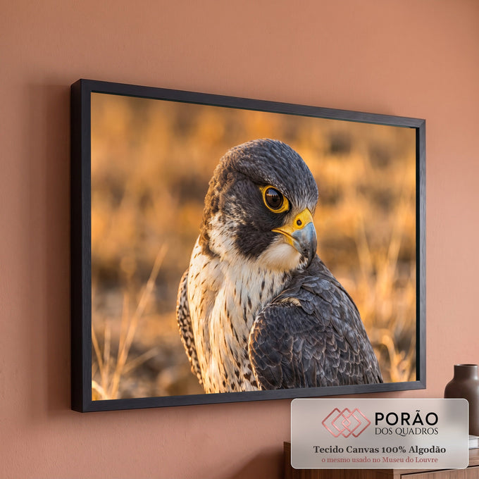 Quadro Decorativo Grande Falcão Peregrino para Sala Dourado | quadros decorativos para sala de estar | falcão peregrino em close com olhar intenso e fundo dourado desfocado | em ambiente 3 | Porao dos Quadros
