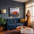 Porsche 911 laranja com aerofólio à beira-mar, prédios da cidade e nuvens rosadas ao fundo, quadro decorativo