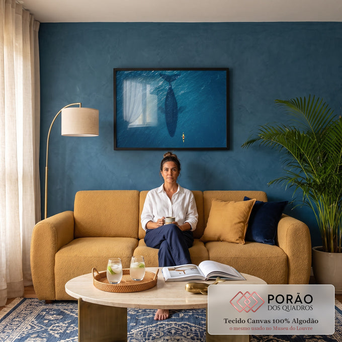 Quadro Decorativo Grande Baleia Vista do Alto para Sala Azul | quadros decorativos para sala de estar | vista aérea de uma baleia nadando ao lado de um caiaque amarelo no mar azul | em ambiente 3 | Porao dos Quadros