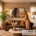 Quadro Decorativo Grande Família de Leões Dourado para Sala | quadros decorativos para sala de estar | família de leões com filhotes ao pôr do sol dourado na savana | em ambiente 3 | Porao dos Quadros