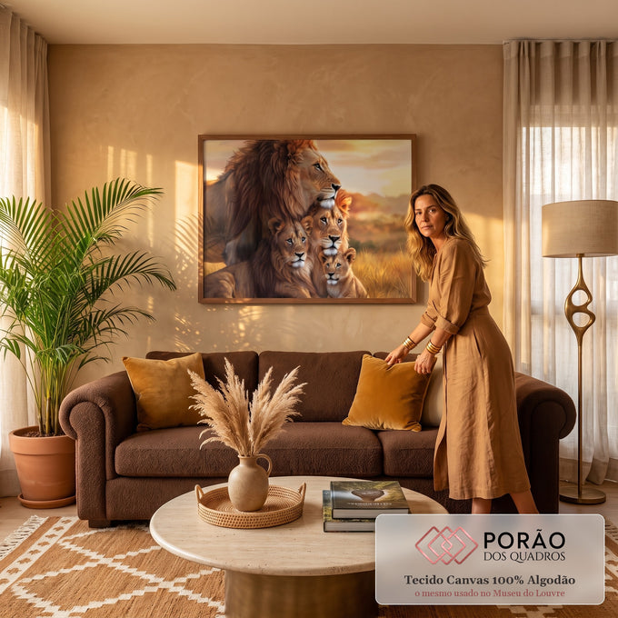 Quadro Decorativo Grande Família de Leões Dourado para Sala | quadros decorativos para sala de estar | família de leões com filhotes ao pôr do sol dourado na savana | em ambiente 3 | Porao dos Quadros