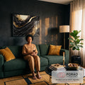 Quadro Decorativo Grande Textura Preta para Sala Preto | quadros decorativos para sala de estar | textura preta em relevo com veios e respingos de tinta dourada metálica | em ambiente 3 | Porao dos Quadros