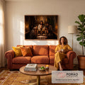 Jesus orando com os apóstolos na Santa Ceia à luz de velas, com cálice dourado e pão, quadro decorativo