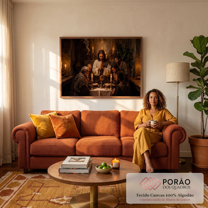 Jesus orando com os apóstolos na Santa Ceia à luz de velas, com cálice dourado e pão, quadro decorativo
