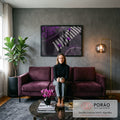 Quadro Decorativo Grande Guarda-Chuvas Roxos para Sala Roxo | quadros decorativos para sala de estar | vista aérea de pessoas com guarda-chuvas roxos e pretos atravessando faixa de pedestre entre árvores floridas | em ambiente 3 | Porao dos Quadros