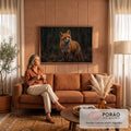 Quadro Decorativo Grande Raposa Vermelha Laranja para Sala | quadros decorativos para sala de estar | raposa vermelha em pé olhando para frente em cenário de floresta escura | em ambiente 3 | Porao dos Quadros