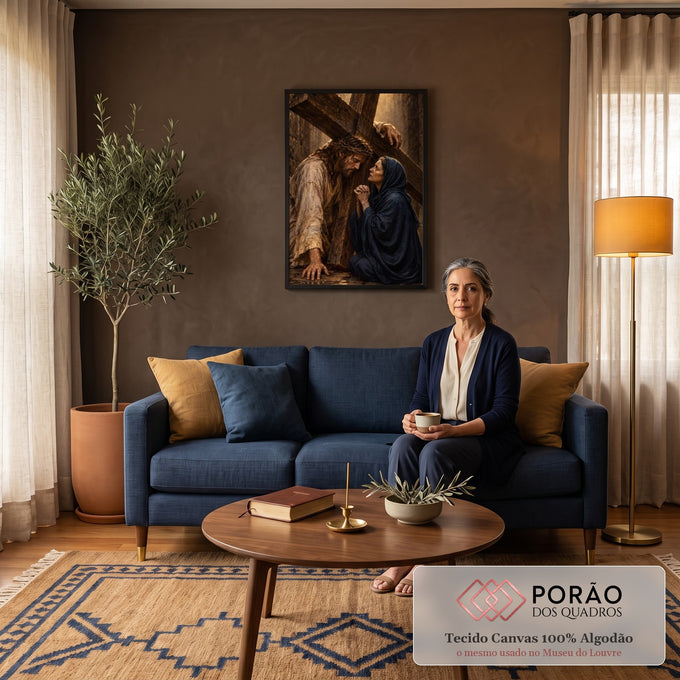 Quadro Decorativo Grande Jesus Carregando para Sala Marrom | quadros decorativos para sala de estar | Jesus com coroa de espinhos encostado na cruz ao lado de mulher em manto azul orando | em ambiente 3 | Porao dos Quadros