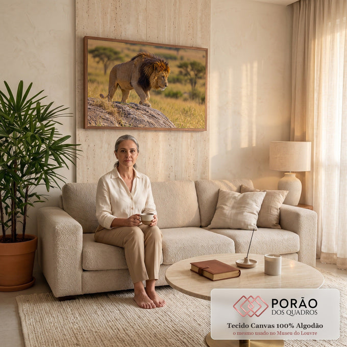 Leão africano de juba negra descendo de uma rocha na savana dourada ao entardecer, quadro decorativo