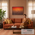Quadro Decorativo Grande Galho Seco para Sala Laranja | quadros decorativos para sala de estar | galho seco refletido em água calma sob céu vermelho e laranja | em ambiente 3 | Porao dos Quadros