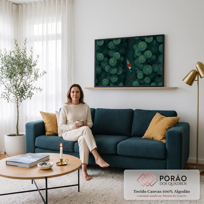 Vista aérea de barco com remador entre folhas de lótus verdes e peixes vermelhos, quadro decorativo