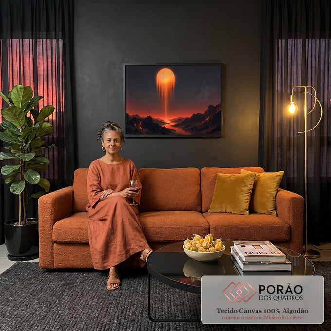 Sol laranja derretendo sobre montanhas negras com lava e rio refletido, quadro decorativo