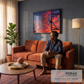 Quadro Decorativo Grande Cesta de Basquete para Sala Laranja | quadros decorativos para sala de estar | cesta de basquete vista de baixo contra céu de pôr do sol com lua visível no aro | em ambiente 3 | Porao dos Quadros