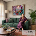 Quadro Decorativo Folhas Abstratas em Roxo Vermelho e Verde | quadros decorativos para sala de estar | folhas abstratas em roxo, vermelho e verde com textura de tinta grossa sobre fundo colorido | em ambiente 3 | Porao dos Quadros