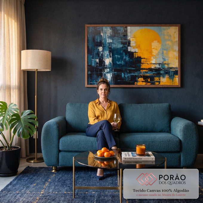 Quadro Decorativo Grande Sol Laranja para Sala Azul | quadros decorativos para sala de estar | sol laranja abstrato sobre skyline azul escuro com reflexo na água | em ambiente 3 | Porao dos Quadros