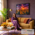Campo de girassóis amarelos ao pôr do sol sob nuvens roxas e laranja, quadro decorativo