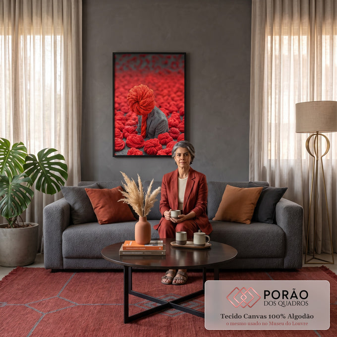Homem de blazer cinza com cabeça de novelo vermelho entre dezenas de novelos de lã, quadro decorativo