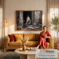 Jesus montado em jumento sob portão de pedra, com pombas brancas e folhas de palmeira, quadro decorativo