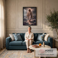 Quadro Decorativo Grande Jesus Caminhando Bege para Sala | quadros decorativos para sala de estar | homem de manto branco caminhando sobre o mar com brilho ao redor da cabeça | em ambiente 3 | Porao dos Quadros