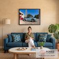 Porsche 911 clássico azul-claro com faixa laranja sob céu azul, efeito pintura a óleo, quadro decorativo