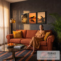 Quadro Decorativo Kit 3 Telas Onda Cavalo para Sala Laranja | quadros decorativos para sala de estar | tríptico com onda, cavalo correndo na água e surfista em silhueta ao pôr do sol | em ambiente 3 | Porao dos Quadros