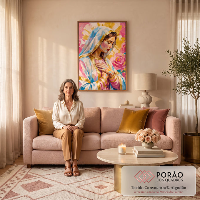 Quadro Decorativo Grande Nossa Senhora para Sala Rosa | quadros decorativos para sala de estar | Nossa Senhora de perfil em oração, véu azul e dourado, rosas e raios ao fundo | em ambiente 3 | Porao dos Quadros