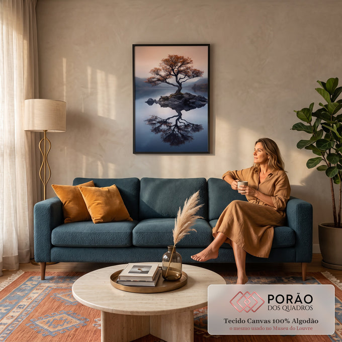Árvore de folhas laranja em ilhota de pedras refletida em lago azul com névoa e montanhas, quadro decorativo